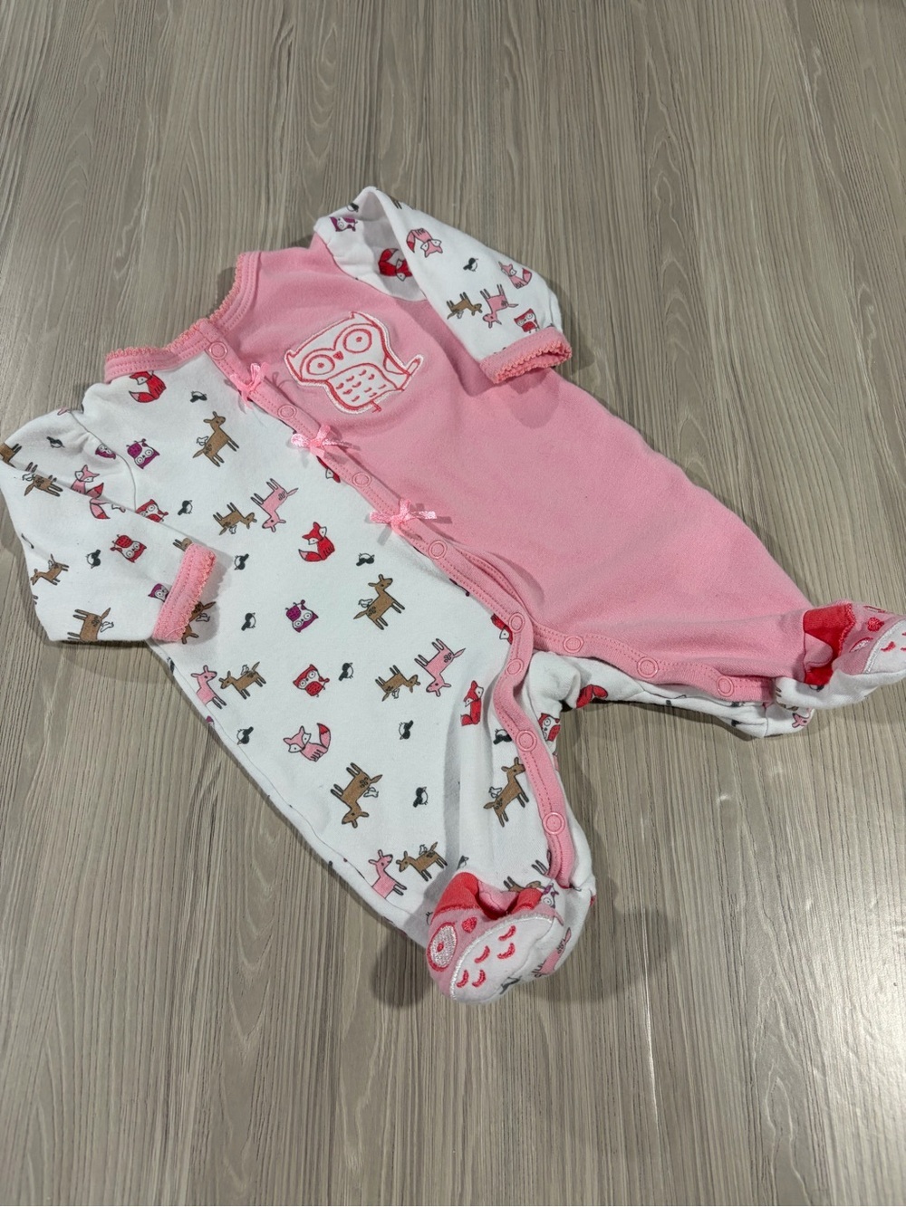 7/$20 Monkey Bars Pink Owl Print Babies' One-Piece Footie with Snaps Cotton